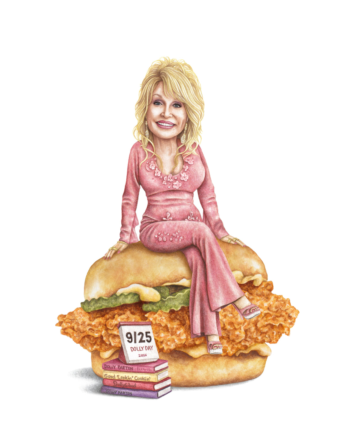 Watercolor art print of Dolly Parton on a Nashville hot chicken sandwich — Celebs On Sandwiches