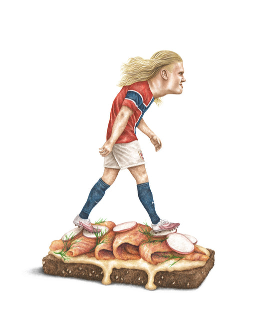 Watercolor art print of Erling Haaland on a Norwegian smørbrød with smoked salmon — Celebs On Sandwiches