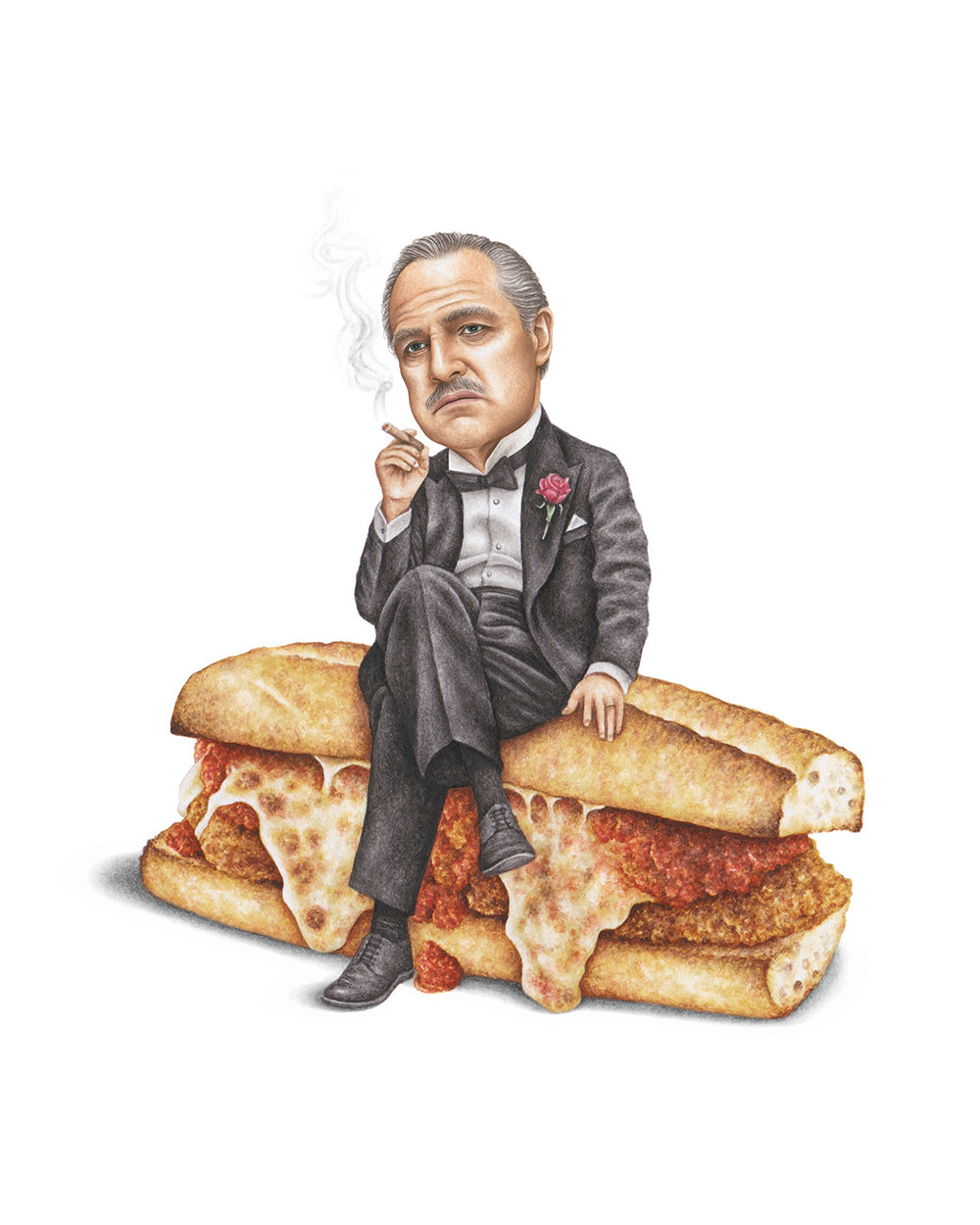 Watercolor art print of Don Vito Corleone from The Godfather on a veal parmesan sandwich — Celebs On Sandwiches