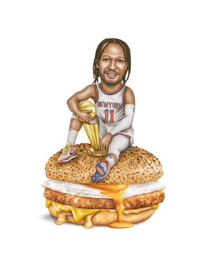 Watercolor art print of Jalen Brunson on a New York bodega bagel with egg and cheese — Celebs On Sandwiches