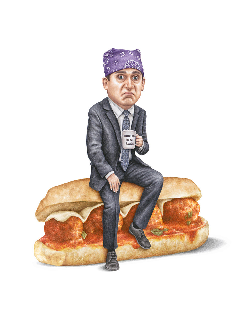Watercolor art print of Michael Scott from The Office on a meatball parm — Celebs On Sandwiches