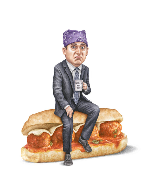 Watercolor art print of Michael Scott from The Office on a meatball parm — Celebs On Sandwiches