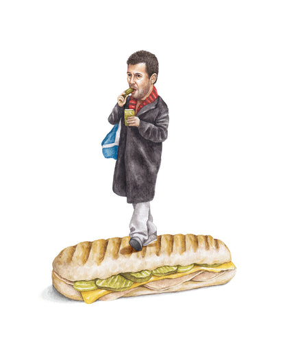 Adam Sandler watercolor art print on a turkey and cheese with extra pickles - Celebs On Sandwiches