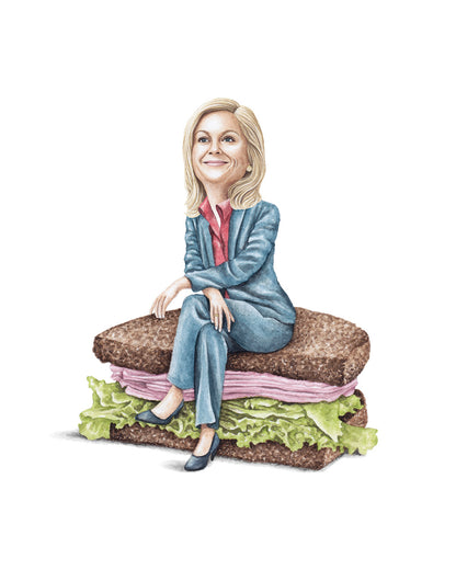 Amy Poehler watercolor art print on a her signature sandwich - Celebs On Sandwiches